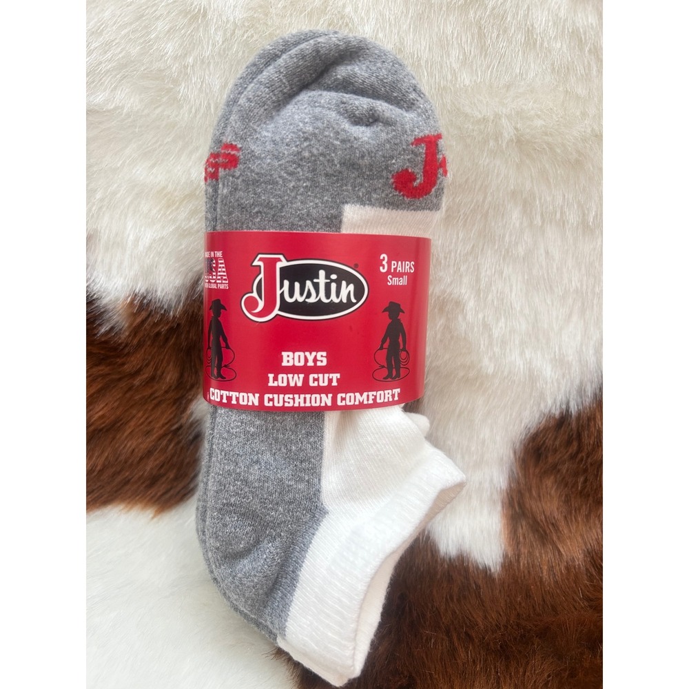 Justin Boys Low Cut Cotton Cushion Comfort Socks 3 Pairs Grey White‎ Small NWT